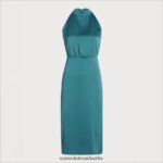 Sam Edelman Schmales, hochgeschlossenes Midikleid aus gehämmertem Satin Frauen Industriegrün Bekleidung 2P8JNV1096 - Image 5